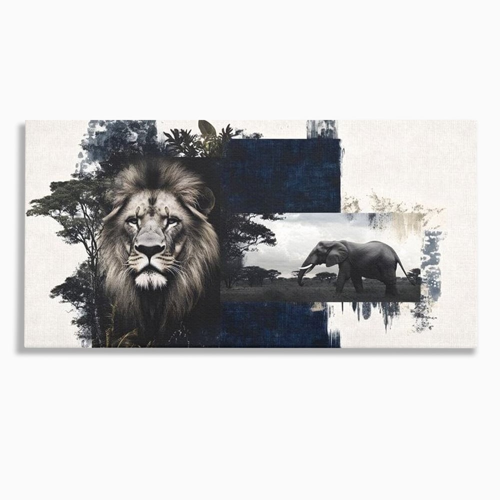 Tablou canvas cu tablou canvas cu leu si elefant, fara rama, pe sasiu de lemn